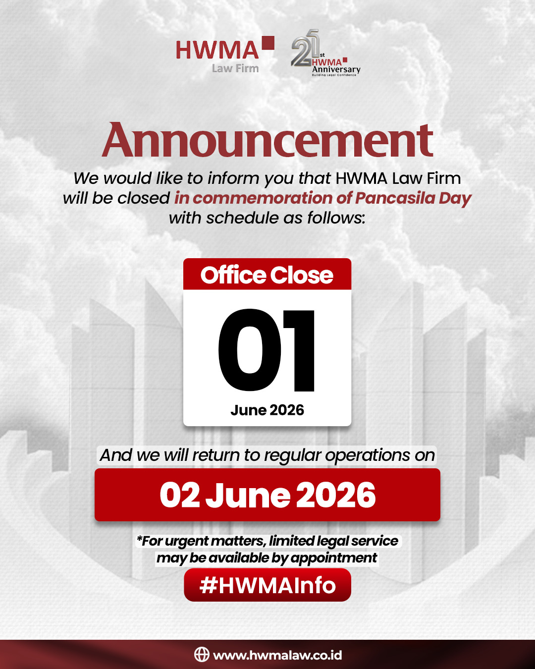 HWMA Law Firm will be closed in observance of Pancasila Day